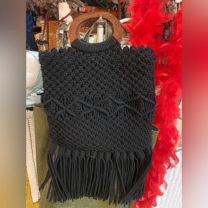 Black crochet bag with fringe abd wood handles